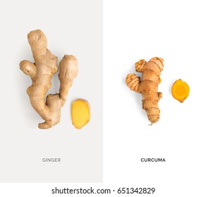 Creative layout made of ginger and turmeric. Flat lay. Food concept.