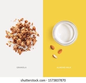 Creative layout made of granola and almond milk. Flat lay. Food concept. Macro concept.