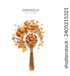 Creative layout made of granola and wood spoon on the white background. Flat lay. Food concept.