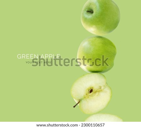 Creative layout made of green apple on green background. Flat lay. Food concept. Macro  concept.