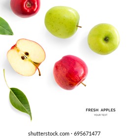 Creative layout made of green and red apples. Flat lay. Food concept. Apples on the white background.