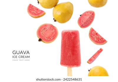 Creative layout made of guava and guava ice cream and guava juice on the white background. Flat lay. Food concept. Macro concept.