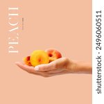 Creative layout made of hand holding a peach fruit on the orange background. Food concept. Macro concept.