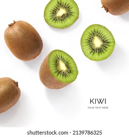 Creative layout made of kiwi on the white background. Flat lay. Food concept. Macro  concept.