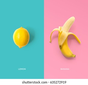 Creative Layout Made Of Lemon And Banana. Flat Lay. Food Concept.