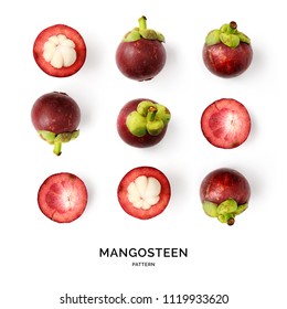 Creative layout made of mangosteen. Flat lay. Food concept. Mangosteen isolated on white background.