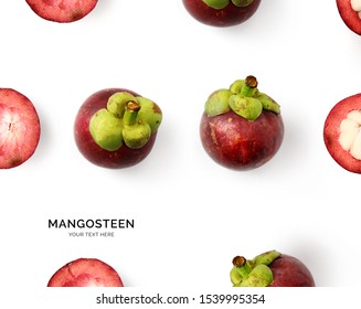 Creative layout made of mangosteen. Flat lay. Food concept. Mangosteen on the white background.