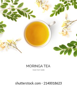 Creative Layout Made Of Moringa Tea On The White Background. Flat Lay. Food Concept. Macro  Concept.