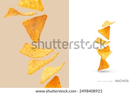 Creative layout made of nachos on the white and beige background. Food concept. Macro concept.
