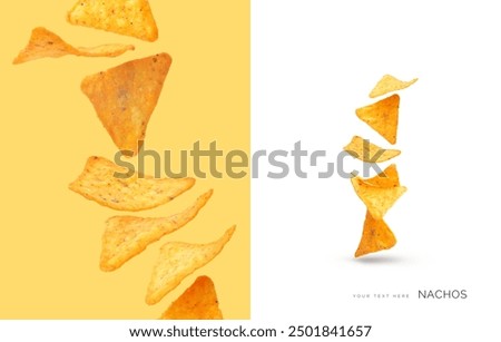 Creative layout made of nachos on the white and yellow background. Food concept. Macro concept.