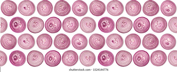 Creative layout made of onion slices. Flat lay, top view. Vegetables isolated on white background. Food ingredient seamless pattern.. Banner...