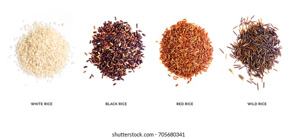 Creative layout made of organic white rice, black rice, red rice, wild rice isolated on white background.Flat lay. Food concept.