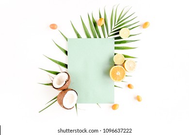 Creative Layout  Made Of Paper And Summer Tropical Fruits On White Background. Food Concept. Flat Lay, Top View