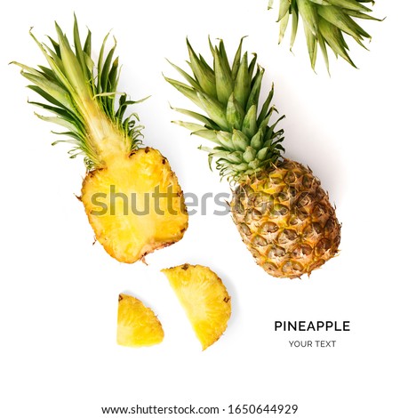 Creative layout made of pineapple on the white background. Flat lay. Food concept. Macro  concept.