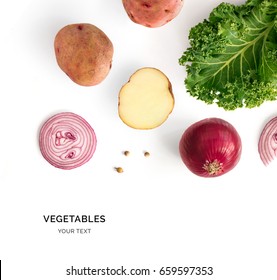 Creative Layout Made Of Potatoes, Onion And Kale. Flat Lay. Food Concept. Vegetables Isolated On White Background.