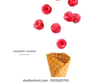 Creative layout made of raspberry ice cream on the white background. Flat lay. Food concept. Macro concept.	