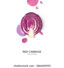 Creative Layout Made Of Red Cabbage With Watercolor Spots On The White Background. Flat Lay. Food Concept.