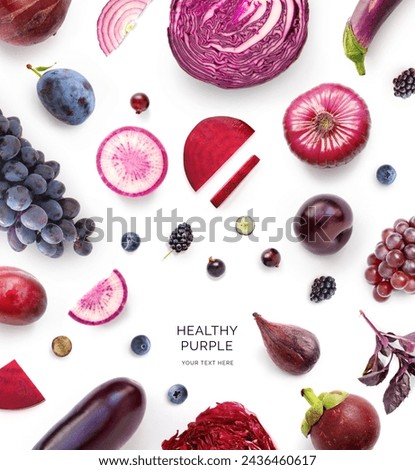 Creative layout made of red cabbage, red onion, grape, beetroot, aubergine, basil, mangosteen, blueberry, blackberry on the white background. Flat lay. Macro concept of purple vegetables and fruits.