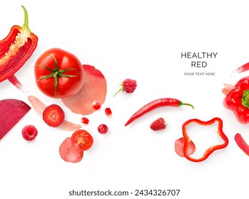 Creative layout made of red tomato, bell pepper, strawberry, raspberry, chilly pepper and beetroot on the white background with watercolor spots. Flat lay. Macro concept of red vegetables and fruits. - Powered by Shutterstock