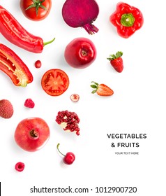 Creative Layout Made Of Red Vegetables And Fruits. Flat Lay. Food Concept. Tomato, Red Apple, Pomegranate, Red Pepper, Raspberry, Strawberry, Cherry,  Beetroot And Lychee On The White Background.