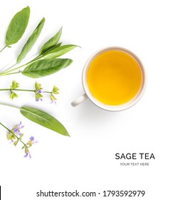 Creative Layout Made Of Sage Tea On The White Background. Flat Lay. Food Concept.	