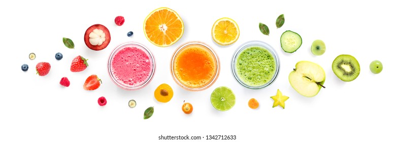 Creative layout made of smoothies and fruits around. Flat lay. Food concept. Smoothies on the white background. - Powered by Shutterstock