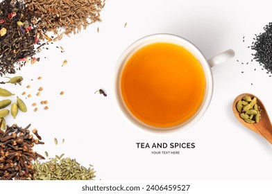 Creative layout made of spices and tea on the white background. Flat lay. Food concept. Macro concept.	