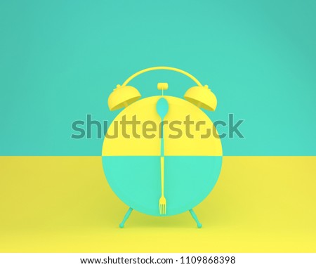 Creative layout made of spoon and fork on round plate in a form of alarm clock on yellow and green pastel background. minimal idea business concept. 