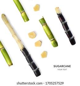 Creative layout made sugarcane on the white background. Flat lay. Food concept. Macro  concept.