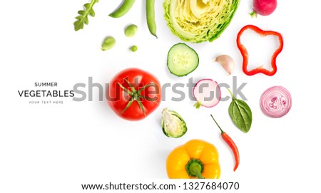 Creative layout made of summer vegetables. Food concept. Tomatoes, onion, cucumber, green peas, garlic, cabbage, chilly pepper, yellow pepper, salad leaves and radish on white background.