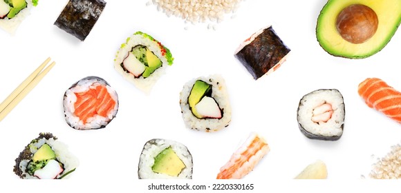 Creative layout made of  sushi on the white background. Flat lay. Food concept. Macro  concept. Sushi,salmon,avocado,rice,sticks,california rolls on the white background. - Powered by Shutterstock