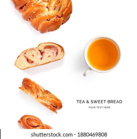 Creative Layout Made Of Sweet Bread And A Cup Of Tea On The White Background. Flat Lay. Food Concept.