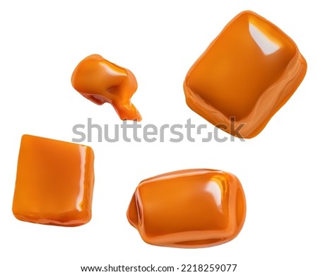 Creative layout made of Toffee candy with splash of caramel candies isolated on white background, collection. Top view. Flat lay 