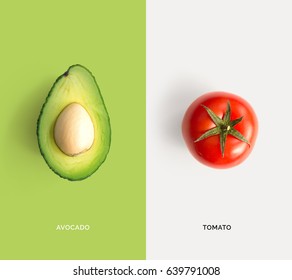 Creative Layout Made Of Tomato And Avocado. Flat Lay. Food Concept.