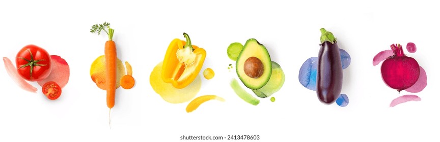 Creative layout made of tomato, carrot, pepper, avocado, aubergine, beetroot on the white background with watercolor spots. Flat lay. Food concept. Macro concept.	 - Powered by Shutterstock