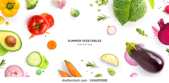 Creative layout made of tomato, cucumber, pepper, onion, carrot, beetroot, eggplant, cabbage, garlic, broccoli and green beans on the watercolor background. Flat lay. Food concept. - Powered by Shutterstock