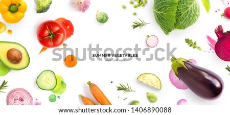 Creative layout made of tomato, cucumber, pepper, onion, carrot, beetroot, eggplant, cabbage, garlic, broccoli and green beans on the watercolor background. Flat lay. Food concept.
