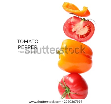 Creative layout made of tomato and pepper on white background. Flat lay. Food concept. Macro  concept.