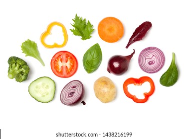 Creative layout made of tomato slice, onion, cucumber, basil leaves. Flat lay, top view. Food concept. Vegetables isolated on white background. Food ingredient pattern. - Shutterstock ID 1438216199