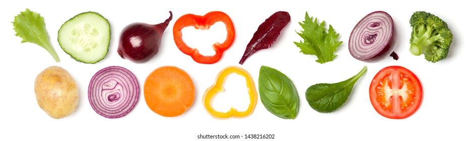 Creative layout made of tomato slice, onion, cucumber, basil leaves. Flat lay, top view. Food concept. Vegetables isolated on white background. Food ingredient pattern. Banner. - Shutterstock ID 1438216202
