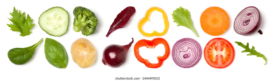 Creative layout made of tomato slice, onion, cucumber, basil leaves. Flat lay, top view. Food concept. Vegetables isolated on white background. Food ingredient pattern. Banner. - Shutterstock ID 1444495013