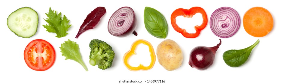 Creative layout made of tomato slice, onion, cucumber, basil leaves. Flat lay, top view. Food concept. Vegetables isolated on white background. Food ingredient pattern. Banner. - Shutterstock ID 1456977116