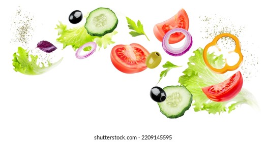 Creative layout made of tomato slice, onion, cucumber and lettuce leaves in the air with clipping path. Food concept. Vegetables isolated on white background. - Powered by Shutterstock