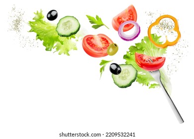 Creative layout made of tomato slice, onion, cucumber and lettuce leaves in the air with clipping path. Food concept. Vegetables isolated on white background.