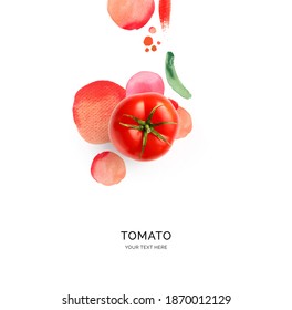 Creative Layout Made Of Tomato With Watercolor Spots On The White Background. Flat Lay. Food Concept.