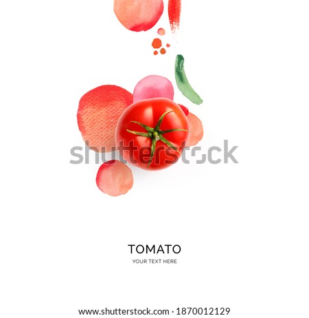 Creative layout made of tomato with watercolor spots on the white background. Flat lay. Food concept.