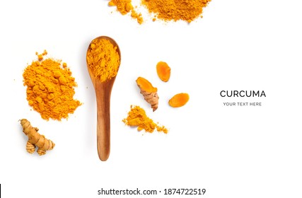 Creative layout made of turmeric powder, root and wood spoon with turmeric on a white background. Top view.  