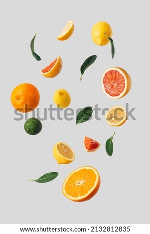 Creative layout made of various fresh fruits, slices and leaves. Minimal flying Summer concept on gray background. Abstract food idea.