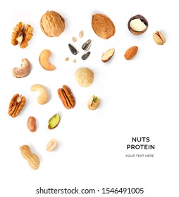 Creative layout made of walnuts, almonds, cashew, pistachio, peanuts, sunflowers and macadamia on white background. Flat lay. Food concept. Macro concept.