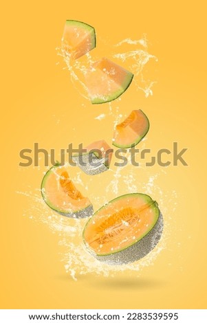 Creative layout made from whole and slice of orange japanese melons or cantaloupe melon and water Splashing on a orange background